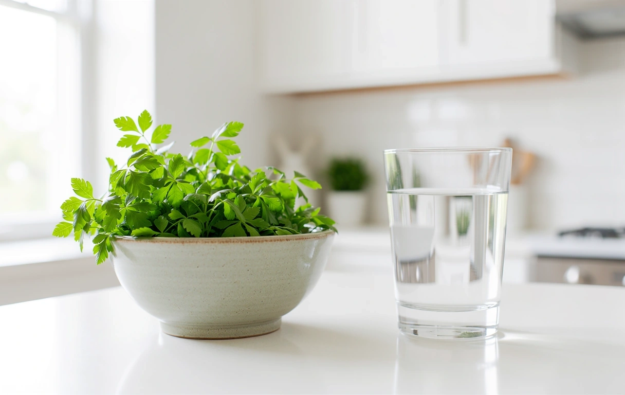 Frische Kräuter und Wasser auf einer Arbeitsplatte